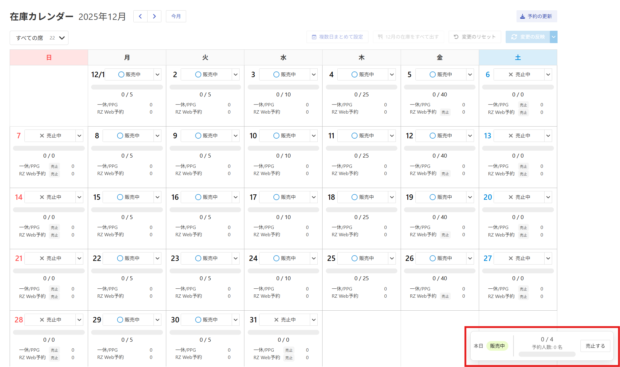 在庫カレンダー／在庫を ［販売中］［売止中］ にする – RESZAIKO サポート